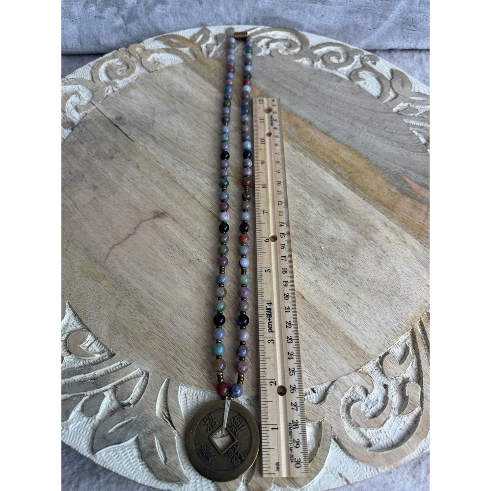 Multicolor Stone Beaded Necklace with Large Brass Chinese Coin Pendant 24 Inch